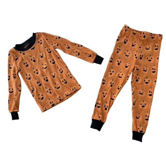 Pottery Barn Kids Organic Cotton Orange Pumpkin Halloween Pajama Set Fall 3T - Picture 1 of 11